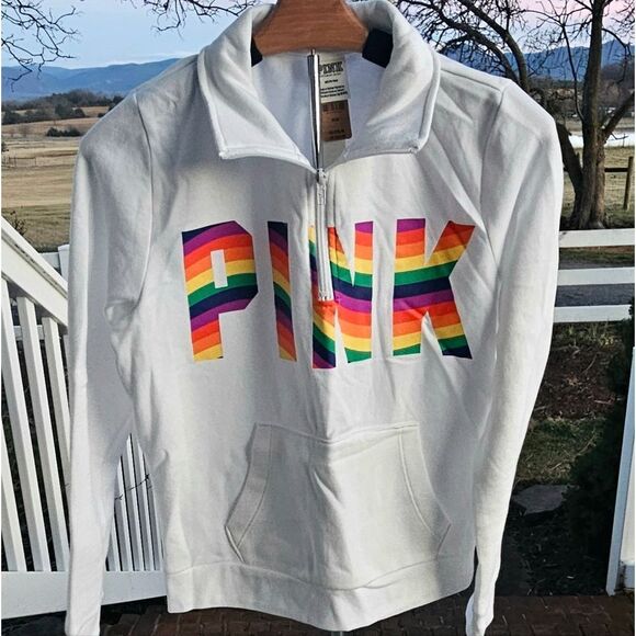 PINK Everyday Lounge Perfect Quarter Zip Classic Pullover OPTIC WHITE PRIDE MED. - Picture 16 of 16